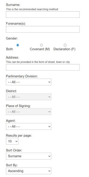 Screenshot of a webpage with multiple search fields and drop down menus relating to names, locations and other criteria.