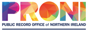 Large multicoloured logo of the letters 'PRONI' (a mix of blue, purple, pink, orange, red, yellow, blue and green) with black text below reading 'Public Record Office of Northern Ireland'. 