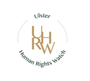 Green and gold logo with a small circle and the word 'Ulster' at the top and 'Human Rights Watch' along the bottom. The letters 'UHRW' are written in two rows of two letters in the middle.