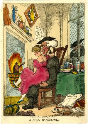 Satirical cartoon depicting an old man with a young woman on his lap. The caption reads 'A man of feeling'.