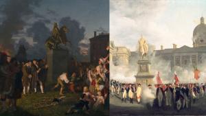 Two paintings showing a crowd of people surrounding a statue of a man on a horse on a plinth.