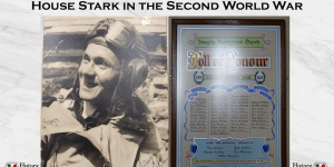 Black and white photograph of a man in pilot's uniform and a colour photograph of the roll of honour plaque for the Finaghy Presbyterian Church