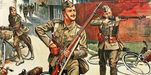 Cartoon drawing of First World War soldiers with bicycles holding rifles