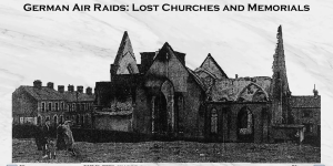 Black and white photograph of a damaged church and a small group of people in the foreground