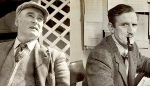Two black and white photographs side by side. The first photograph features a man in a peaked cap and the second photograph shows a man at a desk smoking a pipe.
