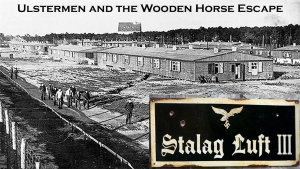 Black and white photograph of the Stalag Luft 3 prisoner of war camp. At the bottom left corner is the sign for the POW camp