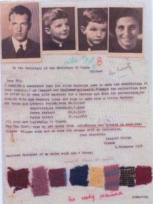 Copy of a typescript letter to the Secretary of the Ministry of Trade from Leopold Pollak. At the top of the letter are four black and white photographs showing Leopold, his wife Charlotte, and his two children Peter and Felix. At the bottom of the letter are eight samples of woven fabric in different colours.