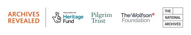 A row of five logos. From left to right they read; Archives Revealed, made possible with Heritage Fund, Pilgrim Trust, The Wolfson Foundation, The National Archives.