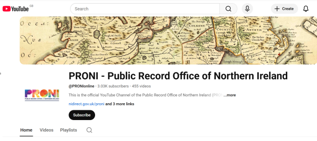 PRONI's YouTube homepage, with a banner of a map across and the PRONI name and logo below