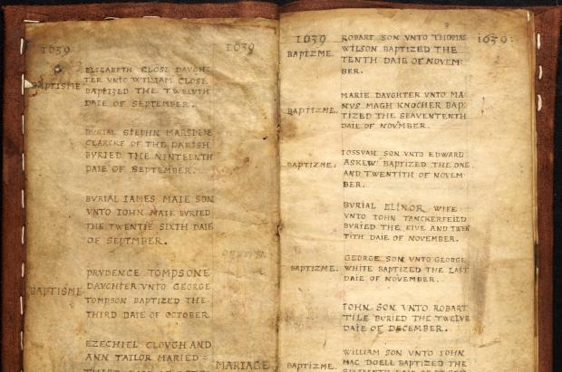 Coloured copy of a very old volume with text and dates.