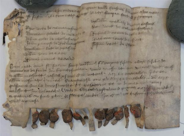 Small slightly torn document on a table held open with circular weights.