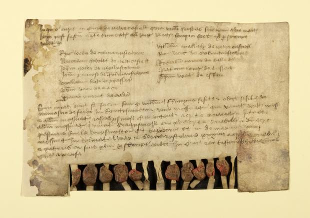 Overhead image of a parchment document attached to the middle of yellow archival paper.