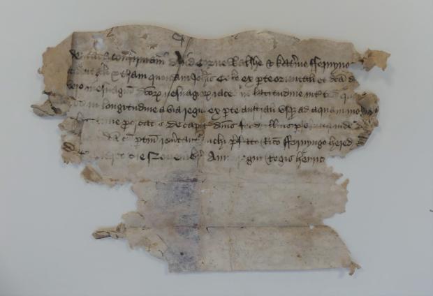 Small piece of an archival document with writing on the front and visible damage around the edges.