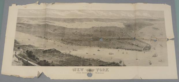 Black and white map featuring hills and a large river with sailboats. Underneath the mpa is text reading "New York: From Bergen Hill, Hoboken". The page is badly torn around the edges.
