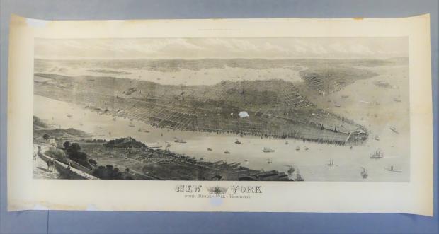 Black and white map featuring hills and a large river with sailboats. Underneath the mpa is text reading "New York: From Bergen Hill, Hoboken". The edges of the document have been filled in with archival paper.