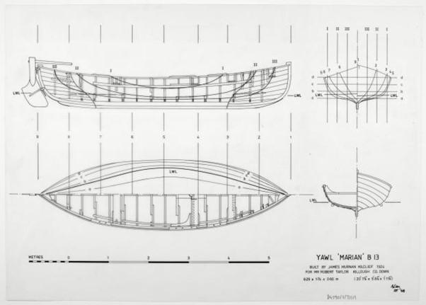 Black and white ;ine drawing of a boat, showing dimensions from multiple angles.