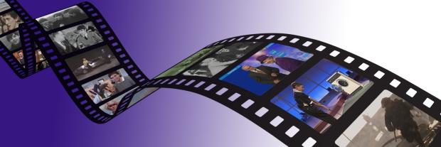 Animation of a film real on a purple and white background, with each section of the reel showing a different image.