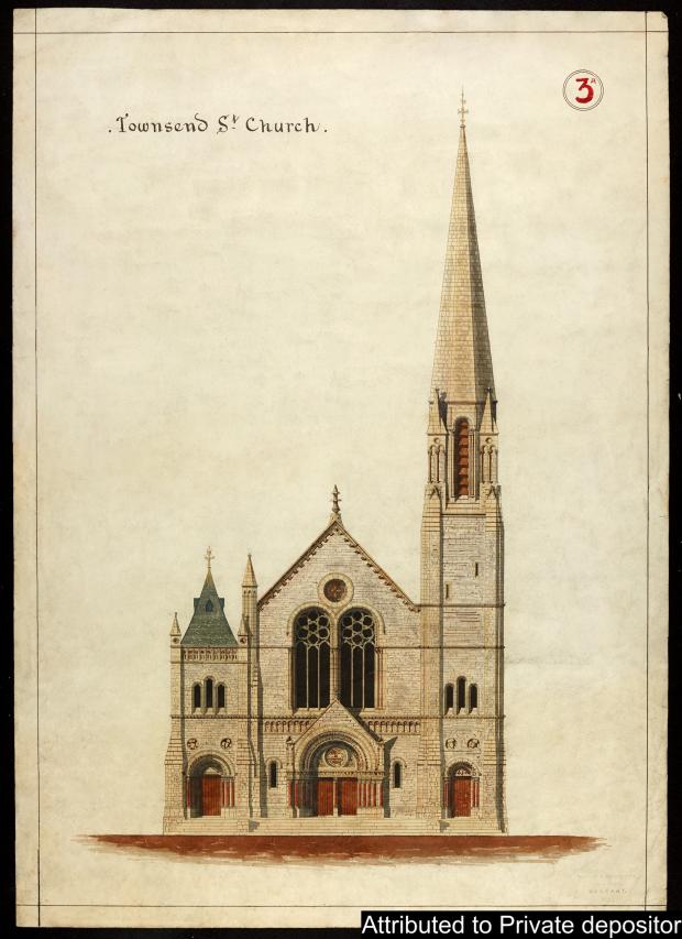 Coloured image of an architectural drawing of a church with a large steeple on the right hand side. The words at the top left read 'Townsend St. Church'.