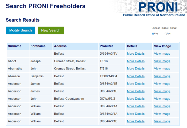 Webpage with the headings "Search PRONI Freeholders" and "Search Results" followed by a six-column table with names, locations and references.