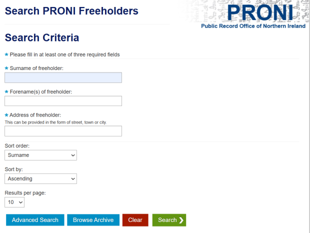 Homepage of a website with the headings "Search PRONI Freeholders" and "Search Criteria", followed by a series of search fields.