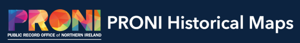 Large banner with a navy background with a multi-colour logo on the left followed by white text that reads "PRONI Historical Maps". The logo reads PRONI: Public Record Office of Northern Ireland"