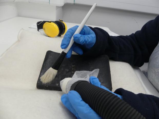 Image of a persons arms with protective gloves holding a brush and another tool over a small black book.
