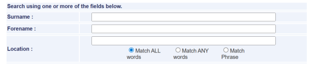 Screenshot of a webpage with 3 search fields. The names of the 3 fields are displayed on the right as 'Surname', 'Forename' and 'Location'.