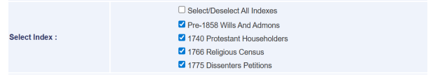 Screenshot of a webpage showing two columns, the first reading 'Select Index:' and the second on the right displaying five options to be selected or deselected.