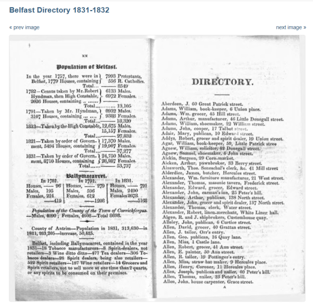 Screenshot of a web page with the heading "Belfast Directory 1831-1832" with a scanned image of book pages below. The image has two pages, the left hand side featureing figures, dates and text, the page on the right features a list of alphabetical names and streets.