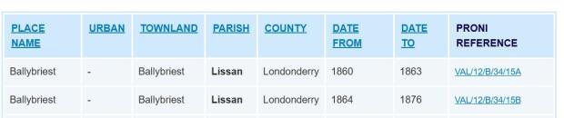 Image of a table containing a header row highlighted in blue and two normal rows below. The table contains information including place names, dates and reference numbers.