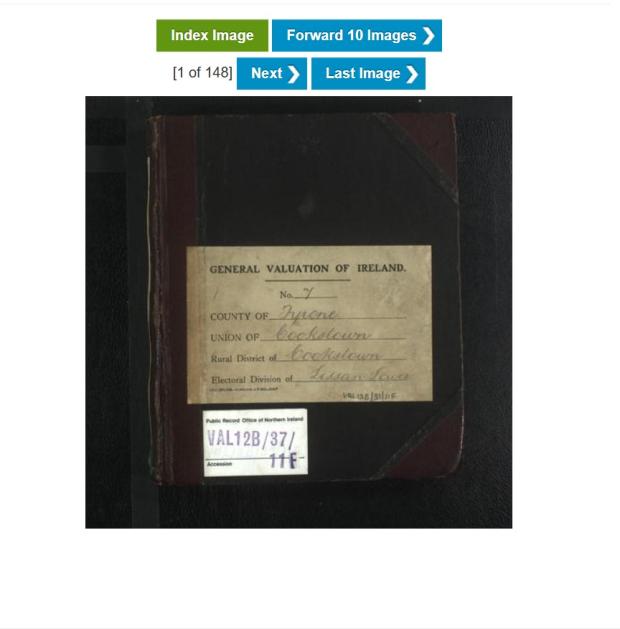 Screenshot of a webpage displaying a digital image of the cover of a large book with a reference number. Above the image are buttons for moving forward and backwards through the pages.