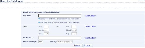Screenshot of a web page with the title 'Search eCatalogue' at the top left corner. The page features a pale blue grid with multiple search fields for text, dates, references and has drop-down menus at the bottom.