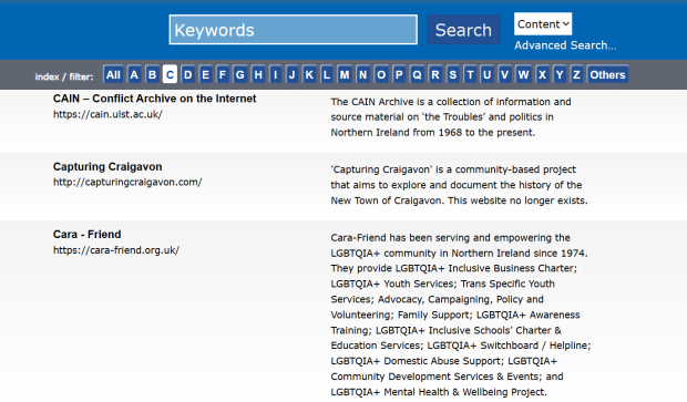 An image of text showing an example from the PRONI Web Archive Index