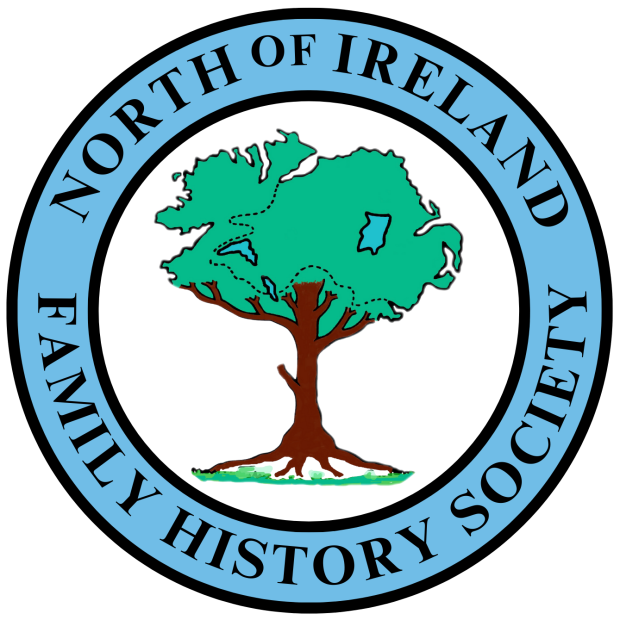 Logo of the North of Ireland Family History Society - In the centre is a green tree and the name of the organisation is written in a blue ring around the tree.