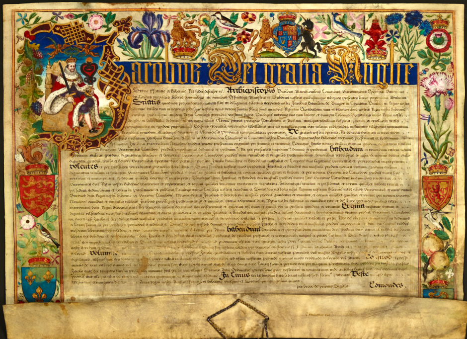 Image of a large parchment with Latin text in the middle. The text is bordered by a colourful collage of animals, plants and an image of a man in royal dress on a throne in the top left corner.