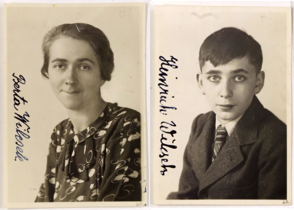 Two sepia tone headshots, one on the left of a woman in a patterned blouse and short hair and the other on the right of a young boy in a blaze, shirt and tie with dark hair. Both headshots have names written vertically, the left reading 'Berta Wilczeck' and the right reading 'Heinrich Wilczeck'.
