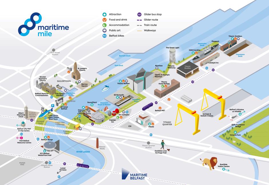 Large cartoon infographic with a log reading 'Maritime Mile' in the top left corner and displays icons to represent visitor attractions, including a church, museum, public buildings among others on two sides of a large river.