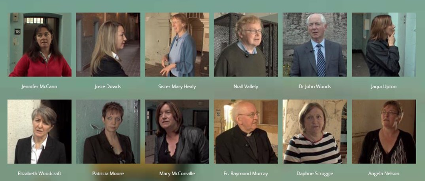 Green poster containing two horizontal rows of 6 photographs, totalling 12. Each of the photographs displays a screenshot from a video of men and women talking with their names displayed in white below.