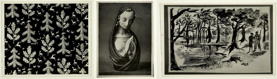 Sepia tone photographs of three artworks in a row. The first is a wallpaper design with a pattern of trees, the second a ceramic of the Virgin Mary and the last is an illustration of a couple walking amongst trees and a small pond.